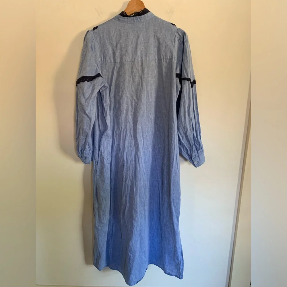 Pomander Place Tuckernuck Blue Linen Blend Lace Trim Maxi Shirt Dress S
